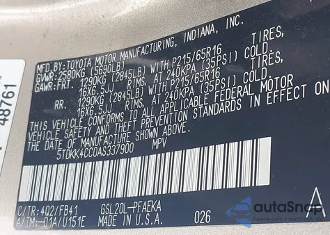 2010 Toyota Sienna Ce from USA, damaged, VIN 5TDKK4CC0AS337900